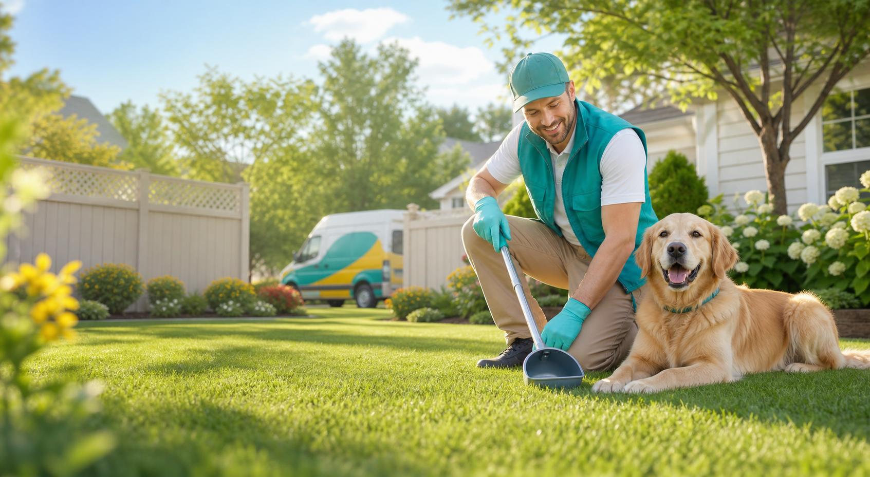 A Scoop Tenders yard care worker cleaning a sunny backyard near a happy dog